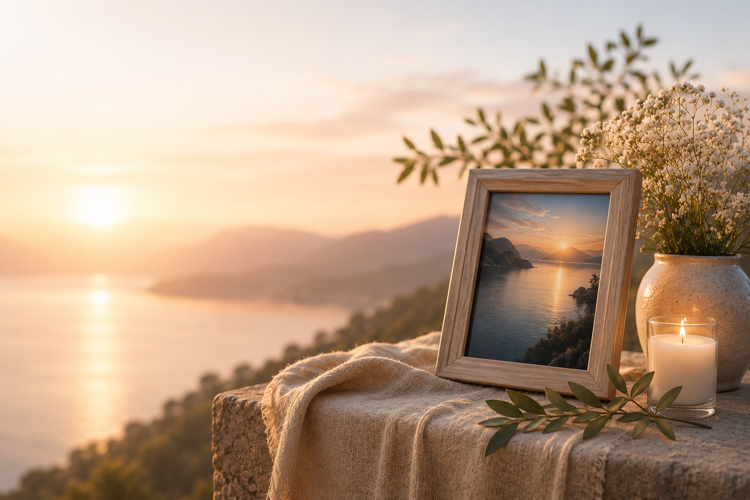 A framed photograph beside a candle and white flowers, overlooking a golden sunset over the sea